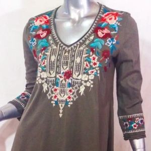 Womans JOHNNY WAS Green Embroidered Cotton Tunic Top Shirt Size S